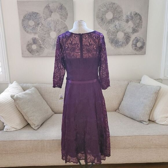 NEW! ALEX EVENINGS | Illusion Top Embroidered Tea Length Dress - [14P, purple] - Picture 8 of 13
